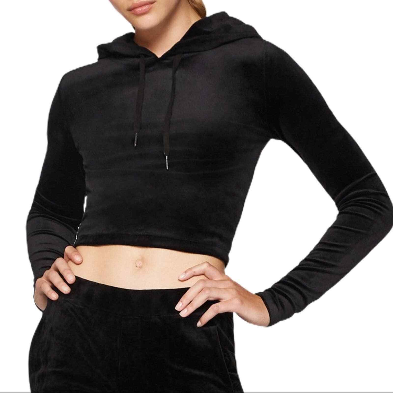 Pam & Gila Black Velvet Cropped Hoodie Small New